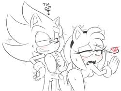 after_sex amy_rose anthro anus ass bent_over blush breasts clothing eyelashes female gloves hairband half-closed_eyes hearlesssoul heart hedgehog looking_pleasured male mammal monochrome nipples open_mouth penis pussy shaking smile sonic_(series) sonic_the_hedgehog sparkle standing straight super_sonic sweat testicles trembling vein veiny_penis