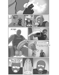 balls bara big_balls big_penis bulge clothing comic cybertuna english_text erection gay male male/male male_only mask masked masked_male monochrome muscular_male penis precum precum_drip text