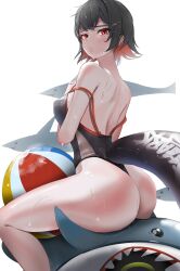 absurdres ass ball beach_ball black_hair black_one-piece_swimsuit breasts colored_inner_hair ellen_joe female fins fish_tail hair_ornament hairclip highres looking_at_viewer multicolored_hair one-piece_swimsuit prev/next red_eyes red_hair shark shark_girl shark_tail short_hair simple_background sitting solo swimsuit tail wet white_background zenless_zone_zero