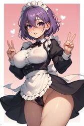 ai_generated apron at background between blush breasts cameltoe covered double eyes female gradient hair headdress heart juswa large lips long looking maid nipples parted purple short sleeves solo thighs v viewer