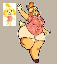 2d 2d_(artwork) animal_crossing anthro beige_skirt bells big_breasts blonde_fur blonde_hair breasts brown_shoes button_down_shirt canine chubby chubby_female clothed clothed_female clothing dog dog_ears dog_girl dog_tail enthusiastic female furry hair_tie hand_up happy happy_female hawaiian_shirt isabelle_(animal_crossing) one_leg_up open_mouth open_smile orange_fur pink_shirt pose reference_image sen_sensational shih_tzu shirt shoes short_tail simple_background skirt smile tail thick_thighs waving wide_hips yellow_fur