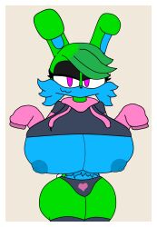 :3 big_ass blue_fur bunny fennel_(verdosho) furry green_skin heart hyper hyper_breasts nipples oc original_character purple_eyes small_clothes thong tight_clothing verdoshonsfw