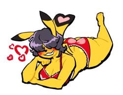 1girls anthro black_hair bra brown_hair cleavage female female_only hair_over_eyes looking_at_viewer lovetopullmicke lying lying_on_stomach panties pikachu png pokemon pokemon_(species) smile solo thick_thighs white_background wide_hips