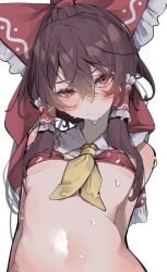 1girls belly belly_button blush blushing brown_hair brunette_hair female female_only hakurei_reimu light-skinned_female light_skin partially_clothed petite petite_body petite_female red_eyes shrine_maiden small_breasts sweat sweating sweaty tagme touhou tsune_(tune) tummy underboob