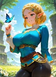 ai_generated animal arm_behind_back bangs black_pants blonde_hair blue_butterfly blue_shirt blue_sky blush braid breasts bug butterfly butterfly_on_hand clothing cloud corset crown_braid day female female_only flower forehead grass green_eyes grin hair_ornament hairclip high_resolution hylian insects jewelry large_breasts lips long_sleeves looking_at_animal nature outdoors pants parted_bangs parted_lips pillar plant pointy_ears princess princess_zelda royal shirt short_hair sidelocks sky smile solo standing sunlight the_legend_of_zelda the_legend_of_zelda:_breath_of_the_wild the_legend_of_zelda:_tears_of_the_kingdom thighs tight_clothes tree underbust white_flower yuyumiai zelda_(breath_of_the_wild)