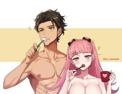 1boy 1girls absurdres blunt_bangs blush blush_lines breasts brown_hair brushing_teeth claude_von_riegan cleavage commission couple cropped cup dark-skinned_male drowsy female fire_emblem fire_emblem:_three_houses green_eyes highres hilda_valentine_goneril large_breasts male nintendo nipples nude nude_female pink_eyes pink_hair ponytail rein_creamsoda short_hair straight topless_male