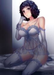 1girls black_hair female female_only garter_straps lingerie megami_tensei nightgown persona persona_5 revealing_clothes sadayo_kawakami solo solo_female solo_focus stockings yaoto