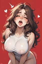 ai_generated background blush breasts brown closed covered eyes female freckles hair heart juswa large long mouth navel nipples open out red see-through simple solo tank tongue top