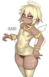 1boy angel angel_wings black_thong ear_piercing female female_only gabi_(kelvin_hiu) gold_(metal) gold_dress gold_eyes gold_hair gold_jewelry gold_stockings grumpy halo humanoid kelvin_hiu original original_character solo_female solo_focus tagme thick_thighs thong twitter