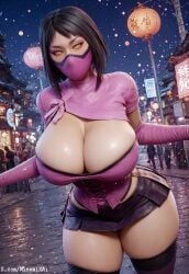 1girls ai_generated arms_up bimbo_body black_hair breasts c city cleavage cleavage_cutout clothed clothing clothing_cutout corset curvy curvy_figure elbow_gloves huge_breasts lantern looking_at_viewer makeup mask masked mileena minomixai mortal_kombat mortal_kombat_11 mouth_mask netherrealm_studios night outdoors paper_lantern presenting_breasts short_hair skin_tight skirt solo solo_focus thick_thighs thighhighs tight_clothing voluptuous yellow_eyes