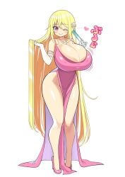 blonde_hair breasts dress flower_in_hair heart high_heels huge_breasts pink_dress pink_eyes saeko_sasaki_(shuz) shoes shuz_(dodidu) smile very_long_hair white_gloves wink