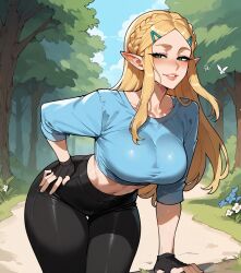 ai_generated ass belt big_breasts bimbo blonde_hair blush breasts crop_top female female_focus female_only floppydisc forest_background huge_breasts hylian hylian_ears iai_generated light-skinned_female long_blonde_hair long_hair looking_at_viewer navel nintendo pointy_ears princess_zelda solo solo_female solo_focus the_legend_of_zelda thick_thighs tight_clothing zelda_(breath_of_the_wild)