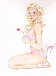 1girls blonde_hair blue_eyes bra doug_sneyd female female_only flower panties rose rose_(flower) sitting traditional_media_(artwork) underwear