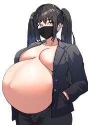 2d black_hair blush breasts_apart face_mask facemask gigantic_breasts hands_in_pockets huge_belly huge_breasts jacket looking_at_viewer original original_character pregnant trousers twintails yellow_eyes yuhancyan