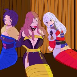 3girls alternate_costume arms_behind_back ball_gag bangs bare_shoulders bernadetta_von_varley bondage bound bound_wrists breasts brown_hair captured center_opening choker cleavage cornelia_arnim female femsub fire_emblem fire_emblem:_three_houses fire_emblem_warriors:_three_hopes front_ponytail frown gag green_eyes large_breasts looking_back lysithea_von_ordelia medium_breasts mogobdsm multiple_girls nintendo official_alternate_costume official_alternate_hairstyle pink_eyes purple_hair restrained shoulders side_slit small_breasts story_at_source