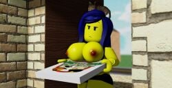 1female 1girls 3d 3d_(artwork) big_breasts blue_hair blueicongd breasts cat_on_head female female_focus female_only femicon_(blueicongd) holding_object oc original_character pizza_box pizza_delivery roblox roblox_avatar roblox_game robloxian work_at_a_pizza_place yellow_skin