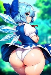 ai_generated ass ass_focus big_ass big_butt blue_bow blue_dress blue_eyes blue_hair blue_ribbon cirno dat_ass dress_lifted_by_self evil_smile fairy huge_ass ice_wings looking_back mochipawg phat_ass smug smug_face thick_thighs touhou view_from_behind white_panties