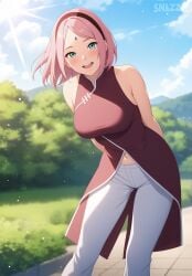 1girls ai_generated arms_behind_back blush boruto:_naruto_next_generations breasts day depth_of_field eyelashes forehead_mark green_eyes headband large_breasts looking_at_viewer naruto naruto_(series) navel open_mouth outdoors pants pink_hair sakura_haruno shirt short_hair sky sleeveless smile snazzdaz snazzle solo solo_focus standing watermark white_pants