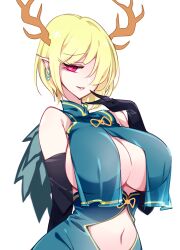 adapted_costume big_breasts black_gloves blonde_hair breast_curtains breasts brown_horns dragon_horns dress earrings elbow_gloves female gloves green_dress hair_over_one_eye highres horns jewelry kicchou_yachie large_breasts looking_at_viewer navel open_mouth pointy_ears raptor7 red_eyes short_hair simple_background sleeveless sleeveless_dress smile solo touhou upper_body white_background