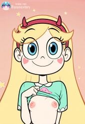 1girls ai_generated blonde_hair blue_eyes cosmicvitery flashing flashing_breasts flat_chest looking_at_viewer pale-skinned_female pale_skin shirt_lift small_breasts smile star_butterfly star_vs_the_forces_of_evil young