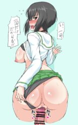 1boy 1girls anus ass black_hair black_panties blush breasts censored cute_fang female girls_und_panzer kawashima_momo large_breasts muchabou nipples panties panties_aside penis pov pussy sex skirt underwear vaginal_penetration