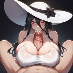 ai_generated black_hair blowjob censored covered_nipples cum_in_mouth fellatio ghost ghost_girl hasshaku-sama huge_breasts huge_cock kao140522 licking_penis long_hair long_tongue monster_girl nightmare_waifu paizuri red_eyes tall_female titjob vacuum_blowjob vacuum_fellatio youkai