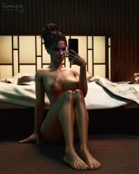 1girls 3d 3d_(artwork) ambus3d areolae bed bedroom breasts cd_projekt_red cyberpunk_(series) cyberpunk_2077 detailed_background female female_focus female_only hi_res high_resolution highres large_breasts nail_polish nipples panam_palmer smartphone solo solo_female solo_focus