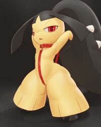 2024 2_toes absurd_res black_body black_hair collar feet female generation_3_pokemon genitals hair hair_mouth half-closed_eyes hands_behind_head hi_res humanoid innie_pussy leash leashed_collar light lighting mawaifu mawile mostly_nude narrowed_eyes nintendo no_breasts open_mouth partially_visible_vulva pinup pokemon pokemon_(species) pokemon_only pose pseudo_hair pussy pussy_floss red_eyes seductive sharp_teeth signature solo standing teeth thick_thighs toes wide_hips yellow_body