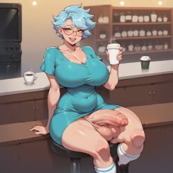 1futa ai_generated big_ass big_balls big_breasts big_butt big_penis blue_hair coffee coffee_mug dress futa_only futanari glasses looking_at_viewer meaty_dick penis penis_out sinister_ai socks solo thick_thighs yellow_eyes