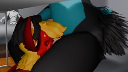 16:9 amber_(fluffyzone69) anthro aurafluff_(species) deuzear duo english_text female fluffyzone69 hand_on_head hi_res hyena hyenid_(species) killian_(fluffyzone69) looking_pleasured male male/female mammal oral oral_penetration penetration text trans_(lore) trans_woman_(lore) under_the_table widescreen