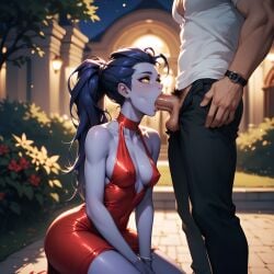 1boy 1girls ai_generated blowjob breasts covered_nipples dress eogard_orc evening_dress fellatio kneeling looking_up medium_breasts muscular_male night outdoor overwatch overwatch_2 penis ponytail purple_skin red_dress saliva self_upload sexy_clothing stable_diffusion widowmaker yellow_eyes