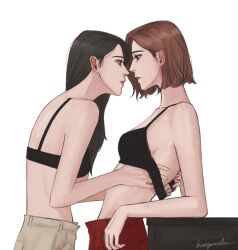 2girls black_hair brown_hair clothed dark_hair eye_contact female female_only jeans kungwanla long_hair looking_at_another looking_at_partner multiple_girls original original_character original_characters short_hair undressing undressing_another undressing_partner yuri