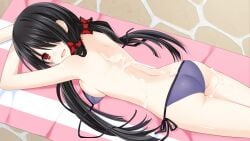 ass back back_view bare_arms bare_back bare_legs bare_shoulders bare_thighs bikini black_hair blush breasts date_a_live game_cg hair_covering_eye head_turned long_hair lying_on_stomach medium_breasts official_art open_mouth purple_bikini red_eyes sideboob smile sunscreen sunscreen_on_back thighs tokisaki_kurumi topless tsunako twintails untied_bra