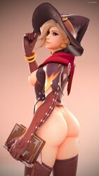 1girls 3d alternate_costume areolae ass blonde_hair blue_eyes breasts breasts_out clothing daintydjinn earrings exposed exposed_ass exposed_breasts female female_only mercy nipples overwatch short_hair solo witch_hat witch_mercy