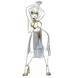 armpits arms_up bra breasts cleavage high_heels large_breasts long_hair makeup navel original original_character panties see-through skirt slim_waist tagme thick_thighs vanillasketchy voluptuous white_background white_body white_hair wide_hips
