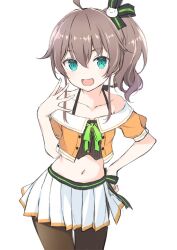 ahoge bare_arms bare_belly bare_shoulders belly_button black_thighhighs blue_eyes blush brown_hair collarbone hair_ribbon hand_on_hip hololive natsuiro_matsuri open_mouth pantyhose ponytail skirt smile thighhighs thighs virtual_youtuber vtuber yuuki_hagure