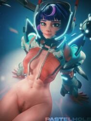 1girls 2024 3d bangs blue_hair bottomless bottomless_female braless brown_eyes clitoral_hood eyeliner eyeshadow female female_only futuristic_armor half_nude half_nude_female helmet hourglass_figure jacket jacket_only jacket_open juno_(overwatch) landing_strip leaning_back leaning_on_hands legs_out_of_frame legs_together lipstick looking_towards_viewer makeup medium_breasts muscular_abs no_visible_nipples on_ground overwatch overwatch_2 pastelhole petite petite_female pubic_hair purple_streak pussy sci-fi sci_fi short_hair simple_background sitting sitting_on_ground small_waist smiling solo teo_minh vulva wide_hips