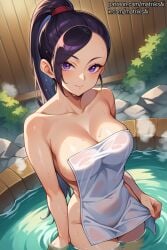 ai_eyes ai_generated big_breasts breasts dragon_quest dragon_quest_xi female giant_breasts gigantic_breasts hot_spring human jade_(dq11) large_breasts seductive solo towel towel_only