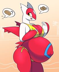 big_breasts breasts chocend cleavage female furry huge_breasts humanoid latias pokemon pokemon_(species) pregnant ready_to_pop thick_thighs wide_hips