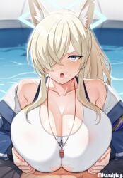 animal_humanoid areola big_breasts blonde_hair blue_archive blush breast_play breasts cleavage clothed clothing female hair hair_over_eye handplug hi_res humanoid kanna_(blue_archive) male male/female open_mouth pupils sex swimwear titfuck_under_clothes titjob torn_clothing water