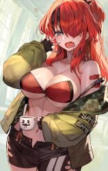 adhesive_bra bra cup hair_over_one_eye jacket lack lain_paterson large_breasts navel nijisanji red_hair shirtless shorts virtual_youtuber yawn