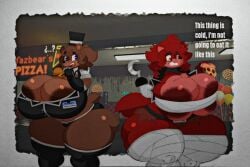 absurd_res animatronic anthro bear belt big_breasts blue_eyes breasts burger canid canine clothing conditional_dnp dialogue duo english_text female five_nights_at_freddy's food fox foxy_(cally3d) foxy_(fnaf) freddy_(fnaf) fredina's_nightclub fredina_(cally3d) hat headgear headwear hi_res hook hook_hand huge_breasts hyper hyper_breasts legwear lustyknightdraws machine mammal panties pizza question_mark robot rule_63 scottgames text thick_thighs thigh_highs top_hat underwear