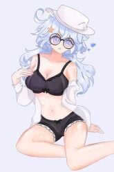 big_breasts black_bra black_panties blue_eyes glistening_body light_blue_hair midriff snowiries sweaty thick_thighs white_hat