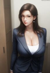 1girls ai_generated breasts brown_eyes brown_hair cleavage collarbone curvy earrings glasses huge_breasts indoors lipstick long_hair looking_at_viewer mature mature_female nai_diffusion office_clothing office_lady original original_character pujopg skirt solo solo_female suit unbuttoned