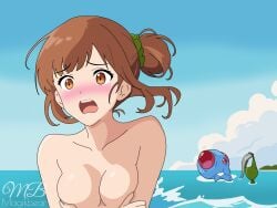 blush cleavage covering_breasts embarrassed_nude_female enf green_hair_tie light_brown_eyes light_brown_hair medium_breasts nude_female ocean pokemon_bw pokemon_trainer stolen_bikini stolen_clothes swimmer_(pokemon) swimmer_(pokemon_bw) swimming tentacool tied_hair unova