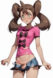 1futa ai_generated blendermix_(model) blush breasts brown_hair denim_shorts futa_only futanari green_eyes longjohnsingleduct penis pink_shirt pink_topwear pokemon quad_tails shauna_(pokemon) small_breasts small_penis solo solo_focus solo_futa standing surprised surprised_expression testicles torn_pants white_background