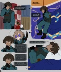 bed comic curly_hair dante_(limbus_company) dark-skinned_male dark_skin faust_(limbus_company) hotel_room limbus_company mole_under_eye pilot_(limbus_company) project_moon self_insert yamapollogee