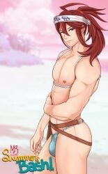 1boy ahoge arachmo fire_emblem fire_emblem_fates hair_between_eyes highres japanese_clothes long_hair looking_at_viewer male male_focus male_only muscular muscular_male nintendo ponytail red_eyes red_hair sidelocks solo subaki_(fire_emblem)