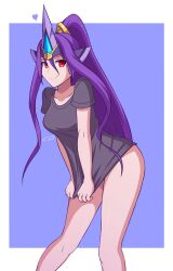 1girls blazblue blazblue:_central_fiction hades_izanami legs long_hair looking_at_viewer mikado_(blazblue) purple_hair red_eyes shiny_skin shirt shirt_only shirt_pull shockwave_cd smile solo thighs