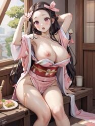 ai ai_generated black_hair exposed_armpits exposed_breasts exposed_legs kamado_nezuko kimetsu_no_yaiba kimono long_hair nezuko_kamado nipple_piercing off_shoulder open_mouth pink_eyes pink_ribbon sitting window